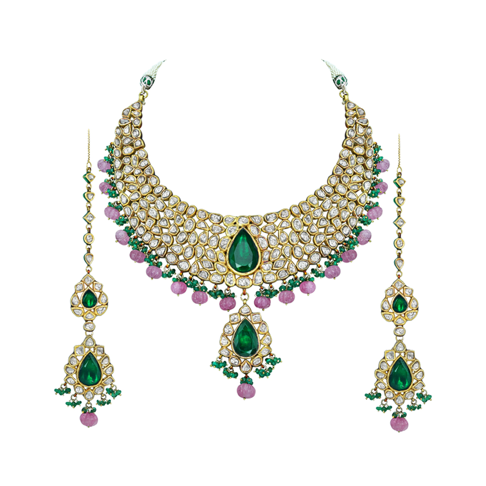 Polki Diamond Necklace Set with Green Stone and Pink Beads